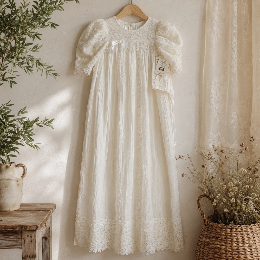 Vintage Christening Gown 3 Month White Cotton Lace Baptism Dress with Bonnet USA